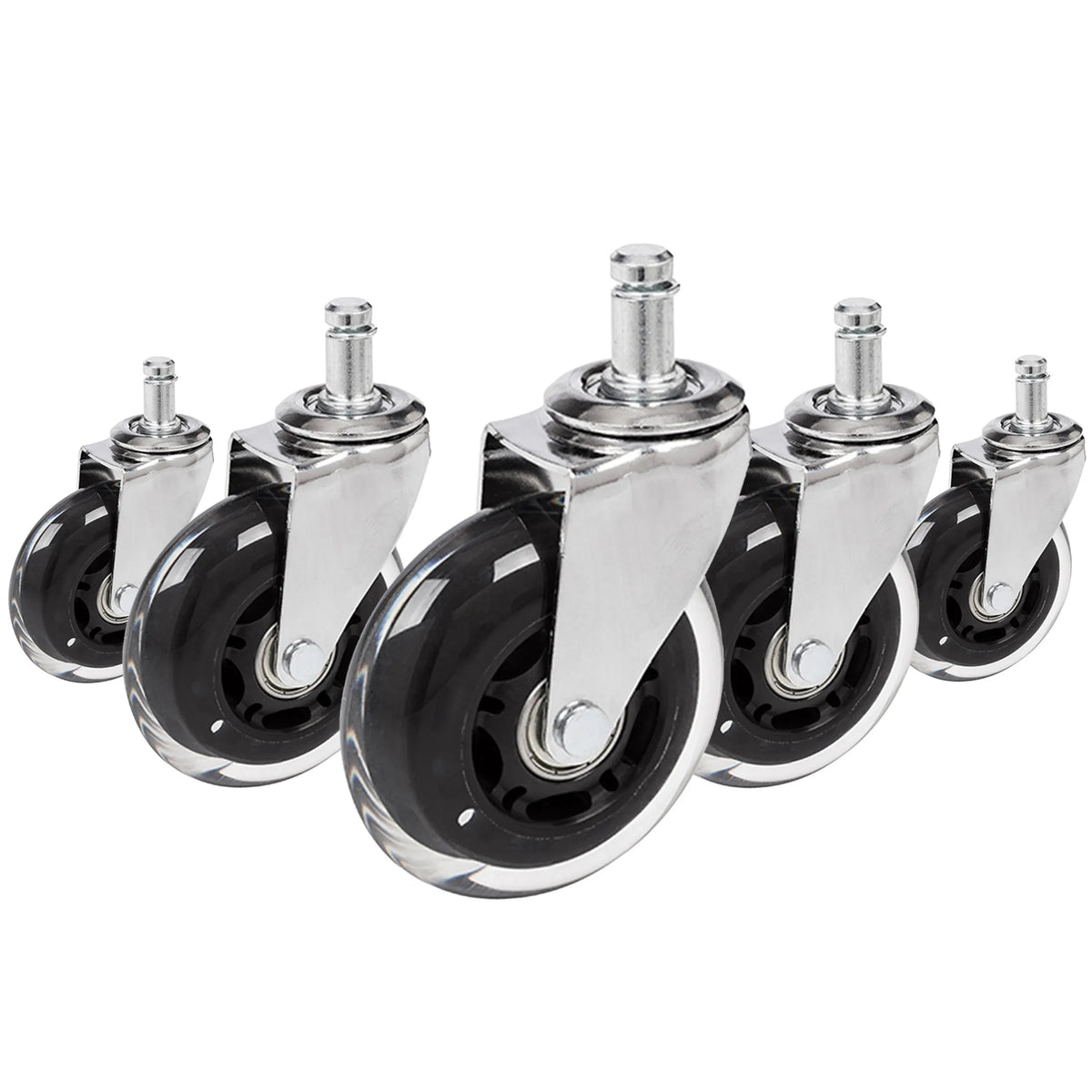 Fünf Stuhlrollen 5x ROLO SKATE CT 11mm/75mm in Silber und Transparent für Hartböden von hjh OFFICE