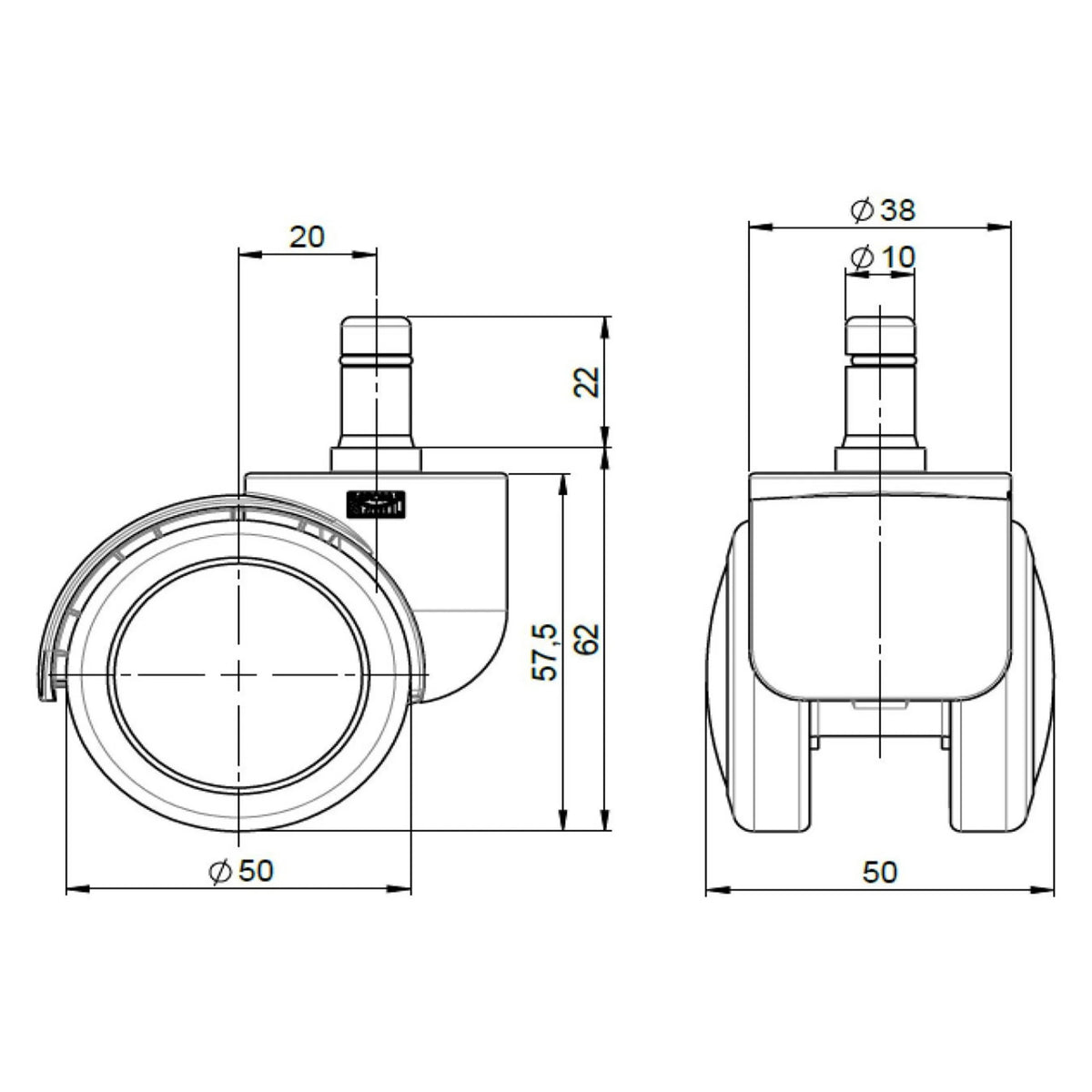 Teknisk ritning av stol på hjul 5x ROLO FREE 10mm/50mm med en hjuldiameter på 50 mm från hjh OFFICE