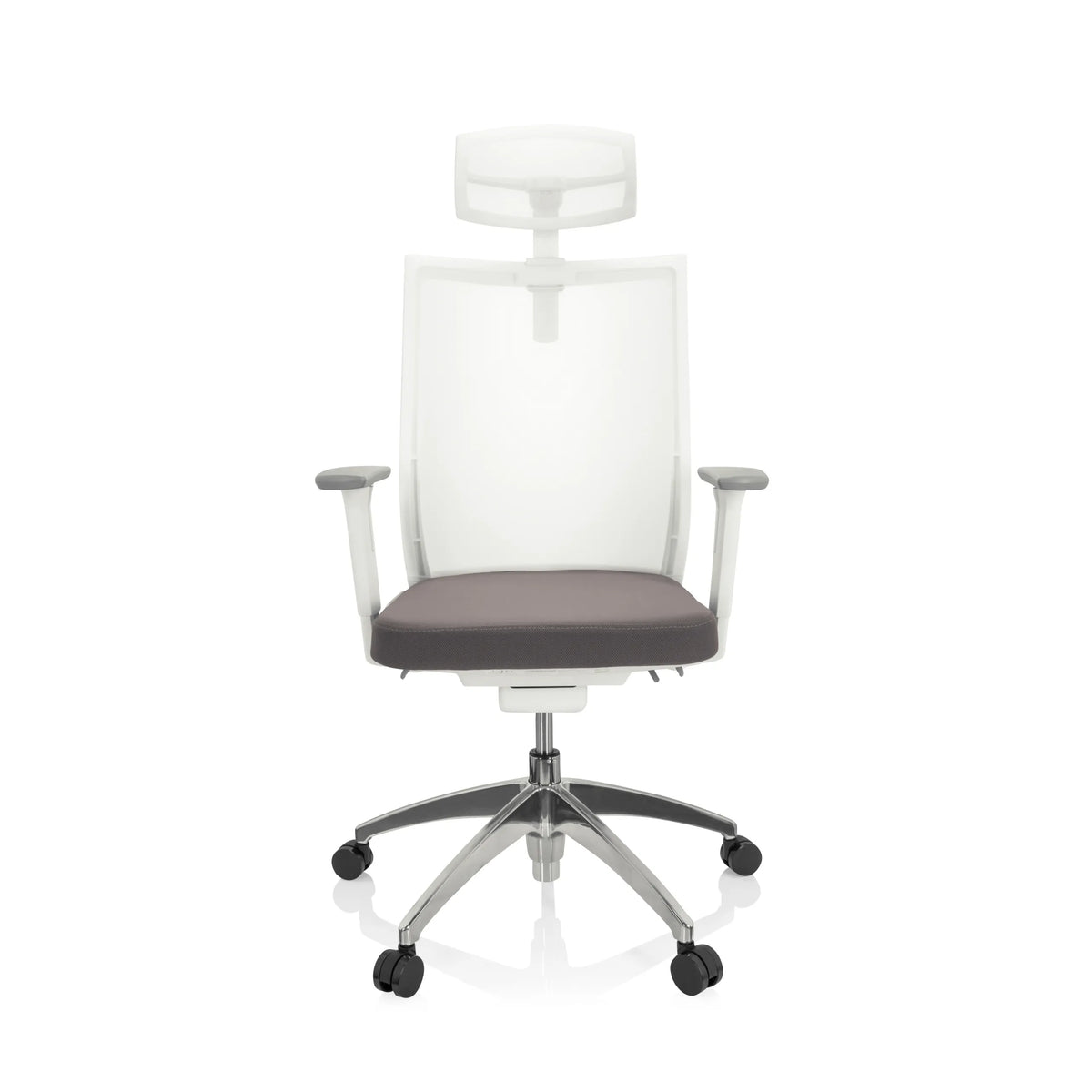 Gråvit Professionell kontorsstol ASPEN WHITE PRO med nätrygg, nackstöd och femstjärnigt fotkors med hjul från hjh OFFICE – 360-gradersvy (framifrån 0°)