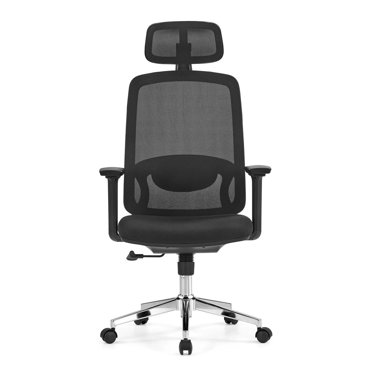 Svart professionell kontorsstol Ergosento med nätrygg, nackstöd och en femstjärnig fotkorsbas med hjul från hjh OFFICE – 360-gradersvy (framifrån 0°)