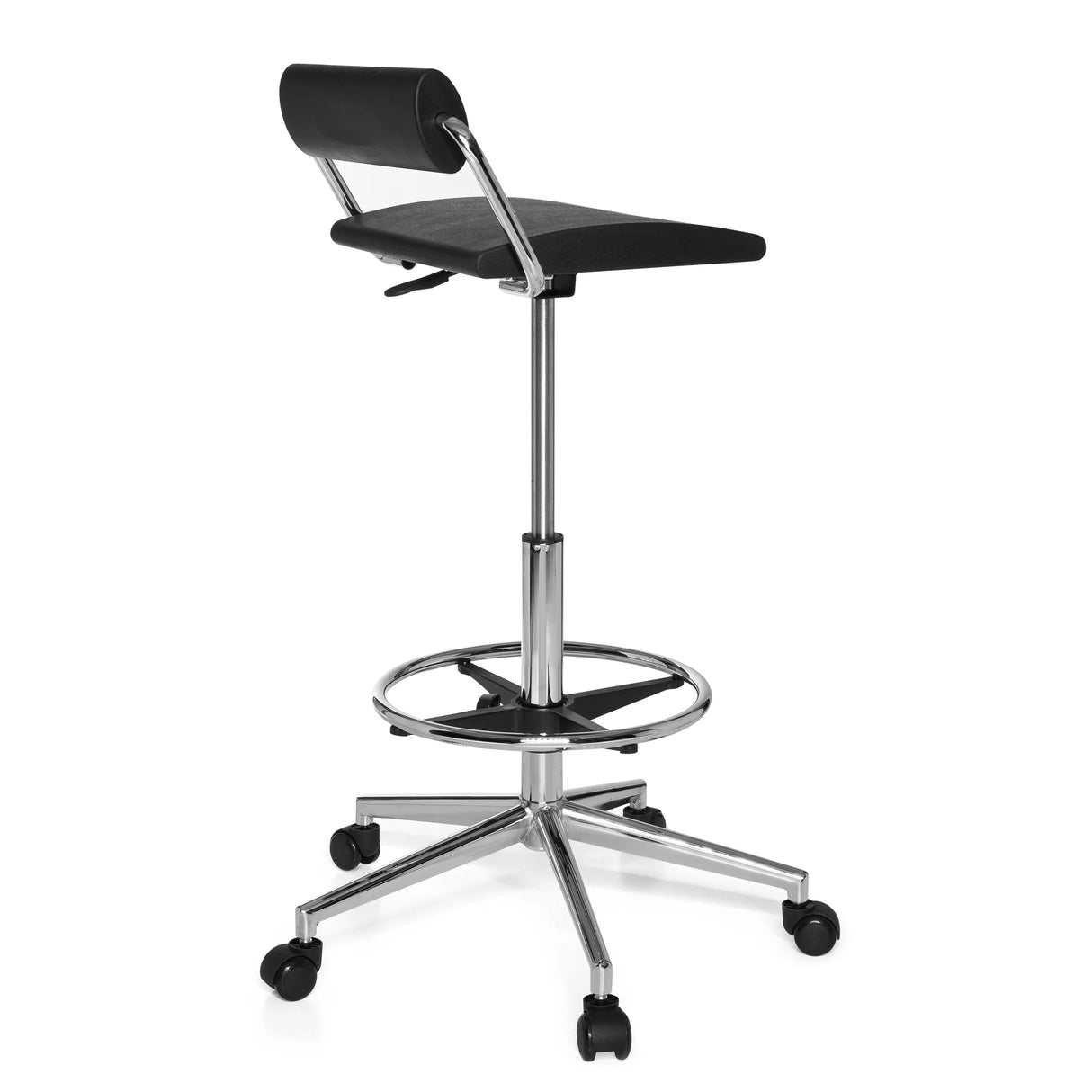 Svart Svängbar stol TOP WORK 28 med fotring och femhjulig fotkorsbas från hjh OFFICE – 360-gradersvy (snett bakifrån 120°)