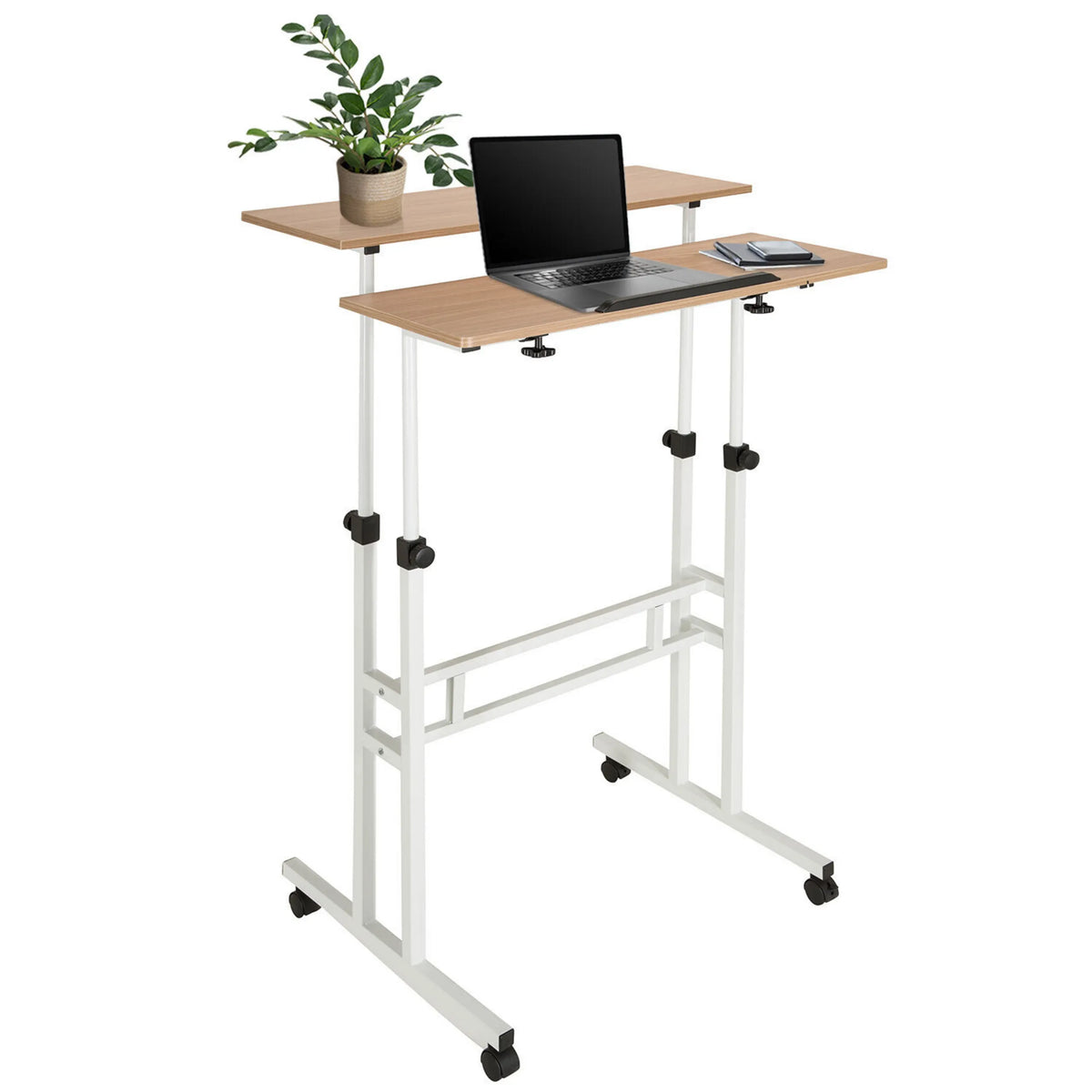 Ståskrivbord WORKSTATION I i vit och ek med två nivåer och hjul från hjh OFFICE
