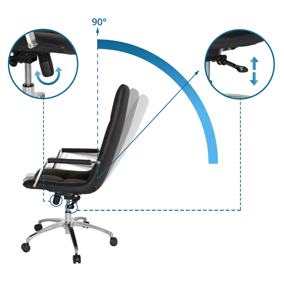 Justerbart ryggstöd med 90° lutningsvinkel på SARANTO PRO Home Office chefsfåtölj från hjh OFFICE