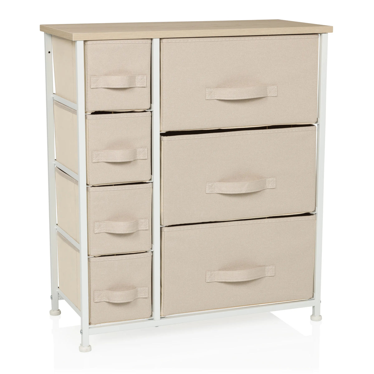 Beige Byrå FOLDRESS B med sju tyglådor och vit ram från hjh LIVING – 360-gradersvy (framifrån 15°)