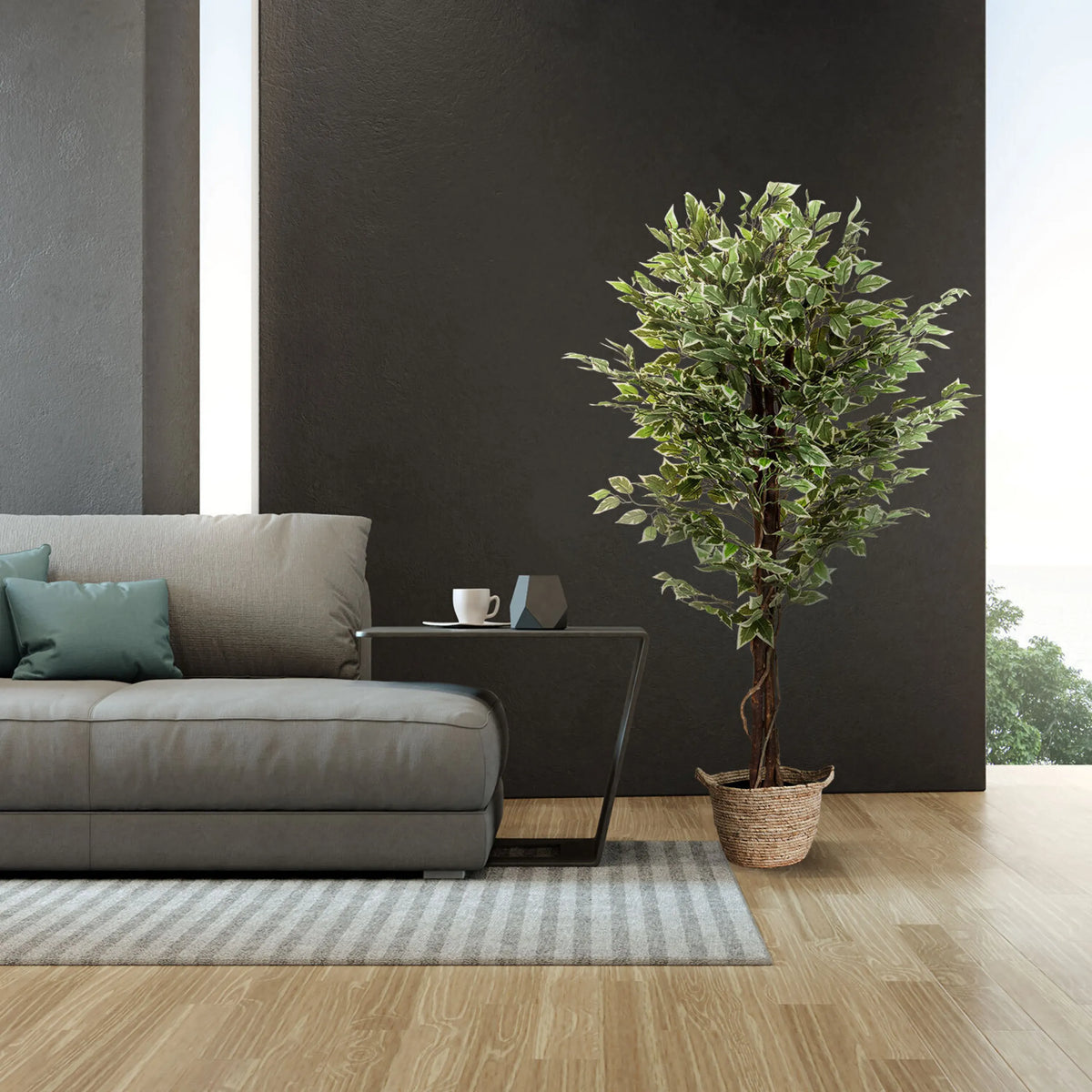 Konstgjorda växter FICUS i grön färg i en flätad korg från hjh OFFICE