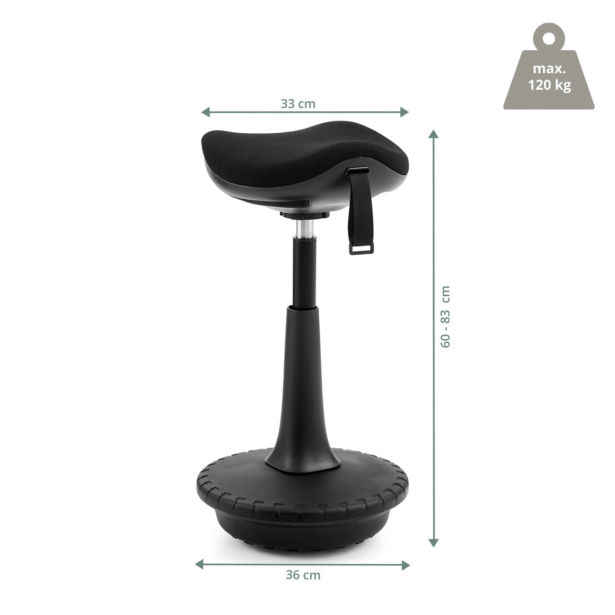 Måttskiss av ståstol Balance Sit Ergo med en höjd på 60–83 cm från hjh OFFICE