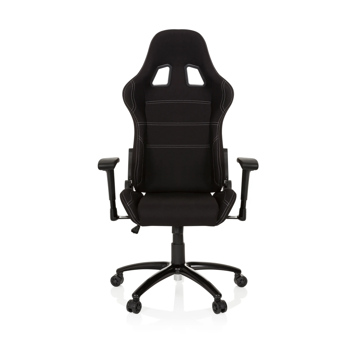 Svart Spelstol GAME FORCE med nackstöd, armstöd och femhjulig fotkorsbas från hjh OFFICE – 360-gradersvy (framifrån 0°)