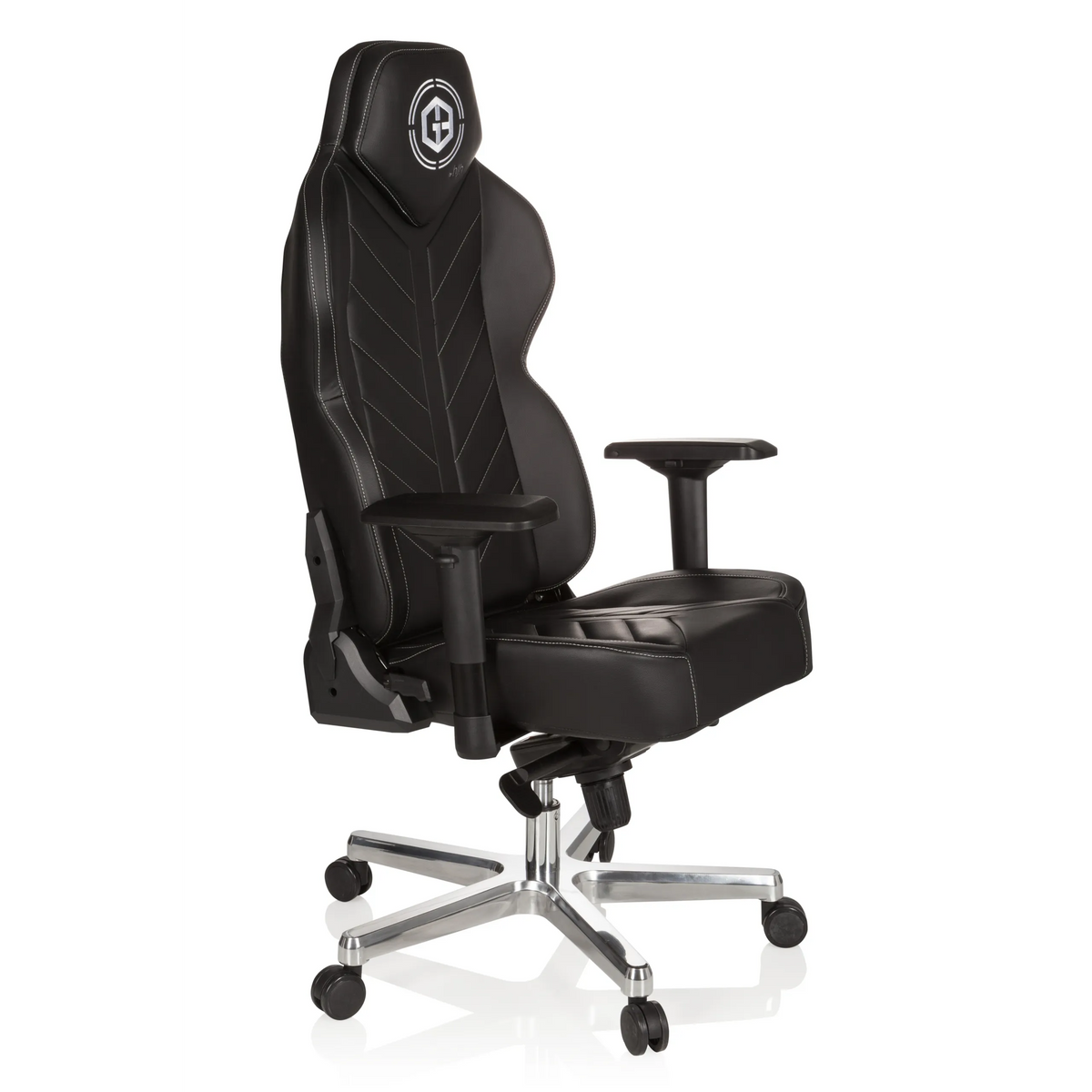 Svart Spelstol GAMEBREAKER COLOSSUS med armstöd och blankt femekrat underrede med hjul från hjh OFFICE – 360-gradersvy (snett framifrån 60°)