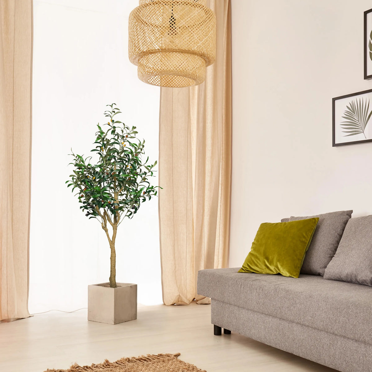 Grön konstgjord växt OLIVE II i en kvadratisk betongkruka från hjh OFFICE