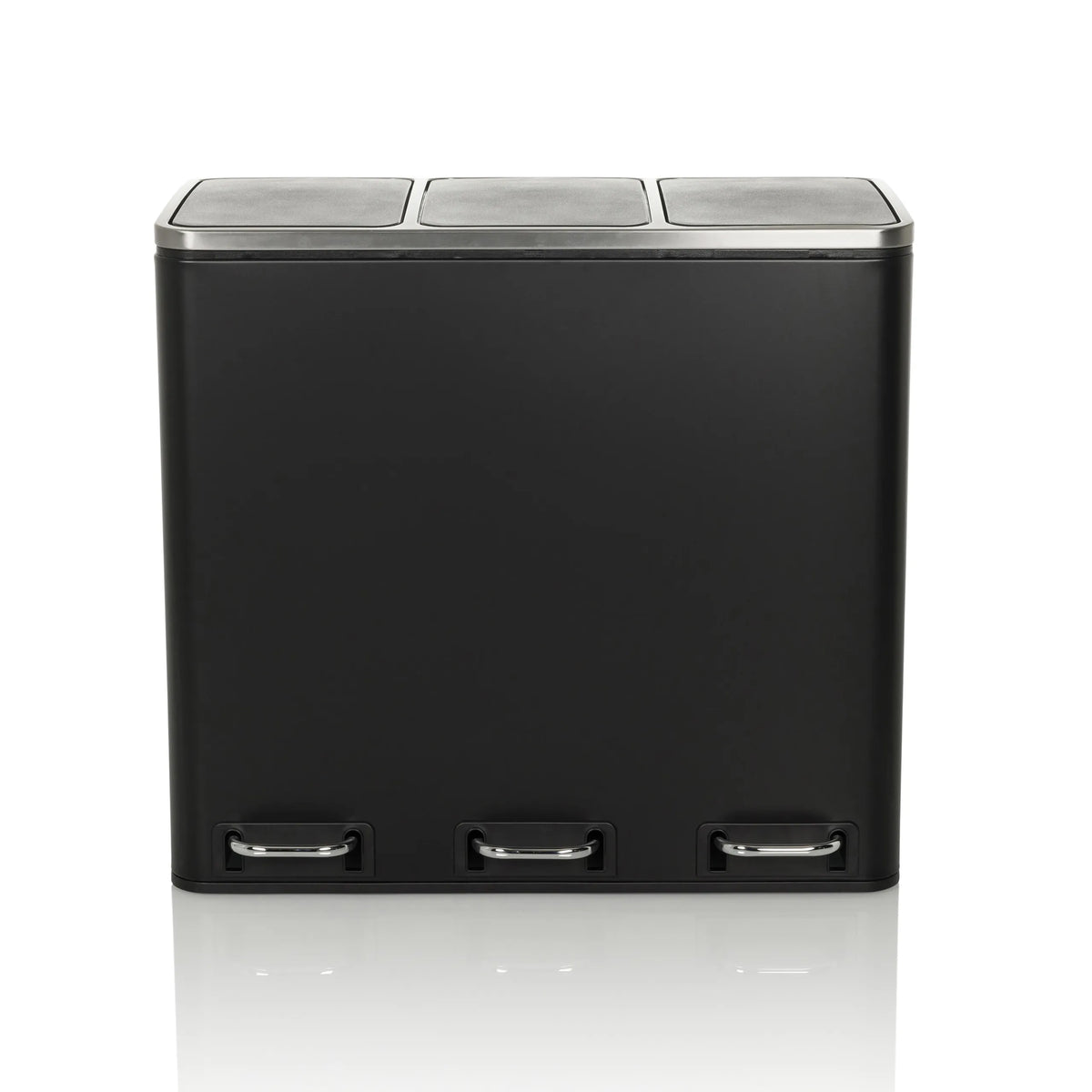 Svart papperskorg Clean 9 med tre fack, silverfärgade lock och fotpedaler från hjh OFFICE – 360-gradersvy (framifrån 0°)