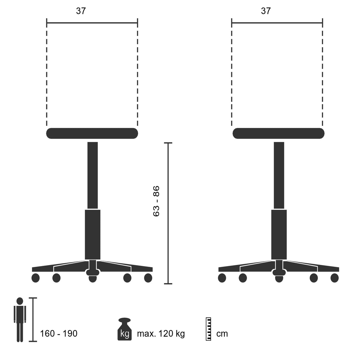 Teknisk ritning av ståstol BALANCE SIT med en bredd på 37 cm och en belastningskapacitet på 120 kg från hjh OFFICE