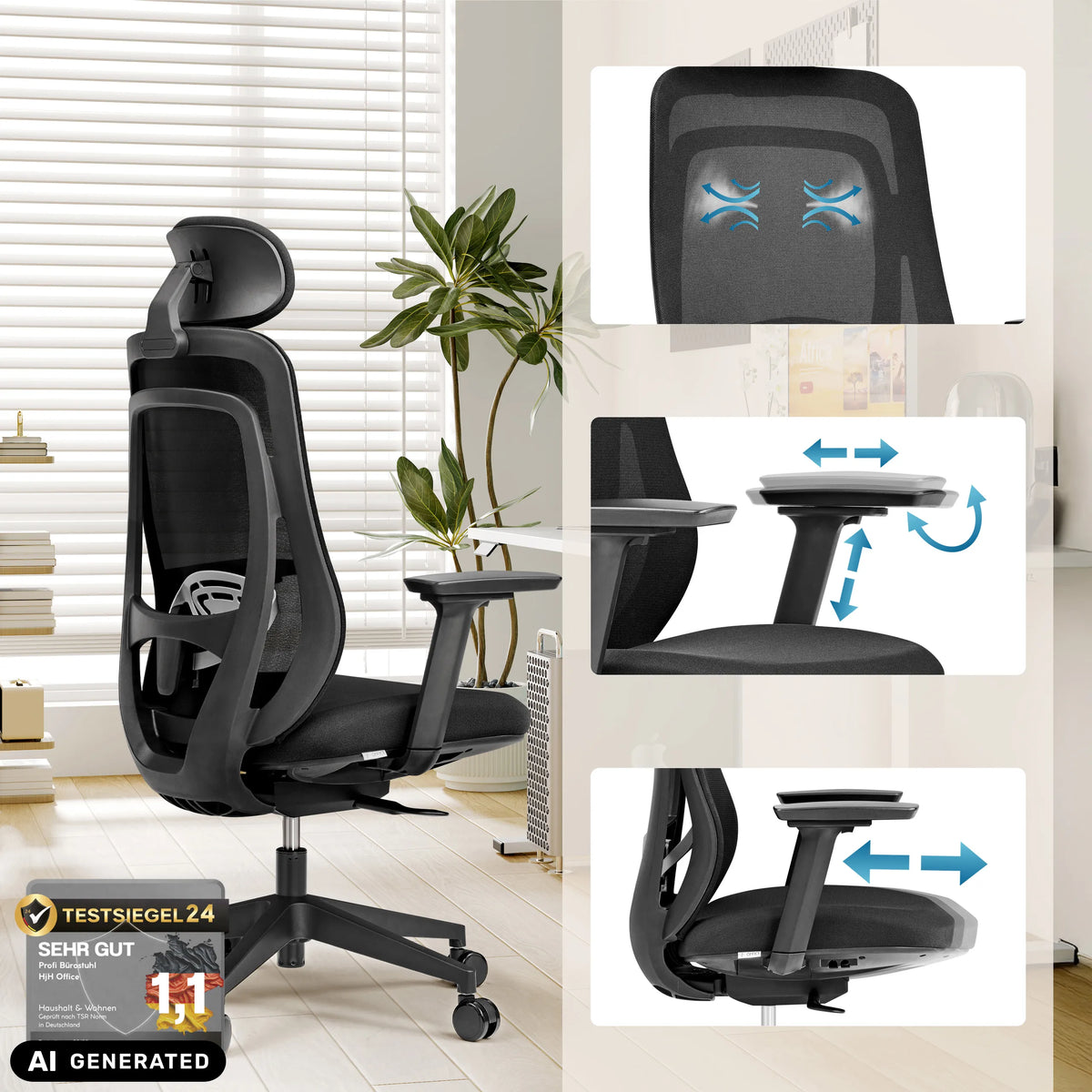 Professionell kontorsstol Vivadapt med justerbart nackstöd och 3D-armstöd från hjh OFFICE (AI-genererad bild)