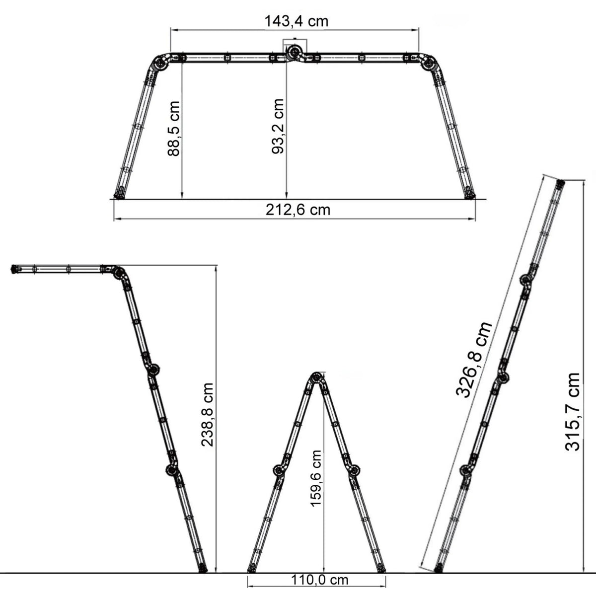 Teknisk ritning av fällbar stege SOLID W3 med en bredd på 212,6 cm från hjh OFFICE