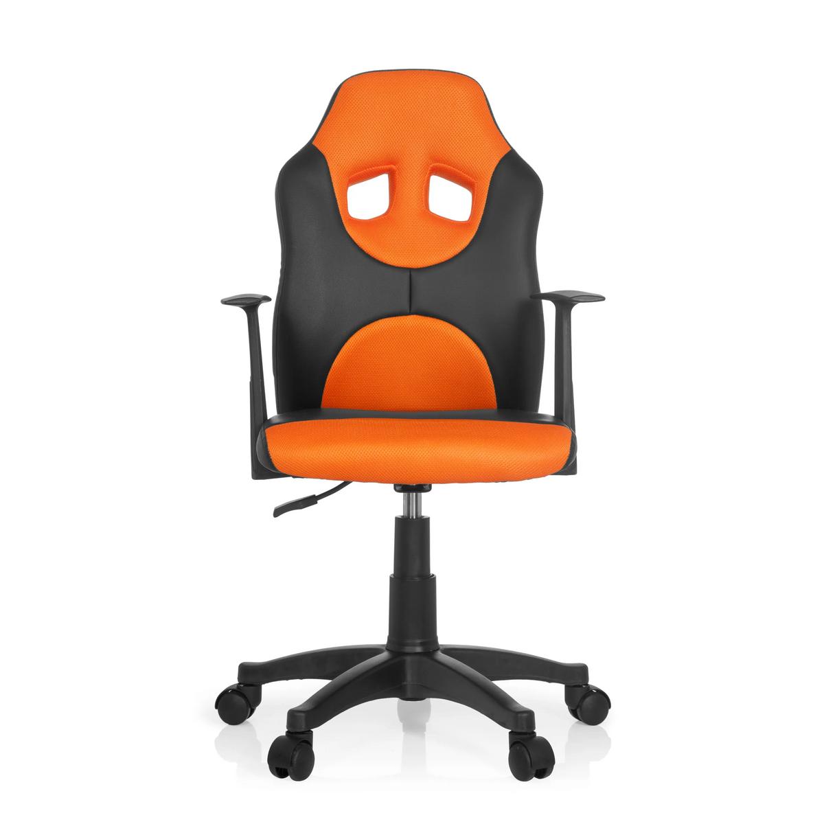 Svart-orange Snurrstol för barn KID GAME AL med nätrygg och femhjulig fotkorsbas från hjh OFFICE – 360-gradersvy (framifrån 0°)