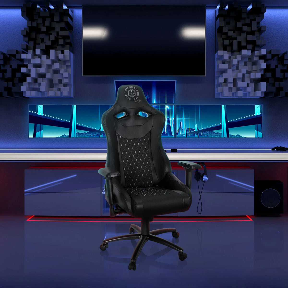 Svart Spelstol GAMEBREAKER SX 04 med quiltad sömdesign och justerbara armstöd från hjh OFFICE