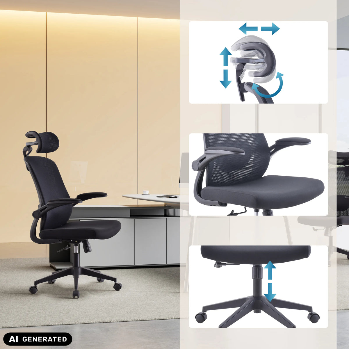 Home Office kontorsstol Vertuflex i svart med justerbart nackstöd och armstöd från MyBuero (AI-genererad bild)