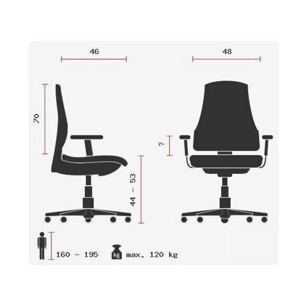 Teknisk ritning av Professionell chefsfåtölj HIGH SIT UP med en maximal belastning på 120 kg från Topstar