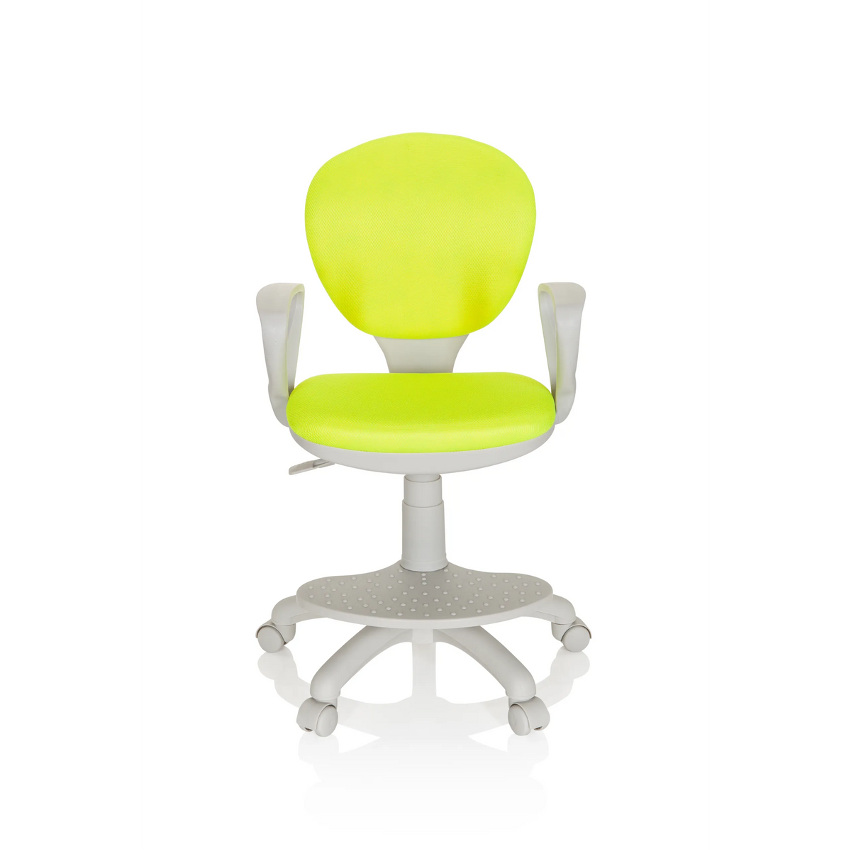 Grön Snurrstol för barn KID COLOUR G1 med grå armstöd och femhjulig fotkorsbas från hjh OFFICE – 360-gradersvy (framifrån 0°)