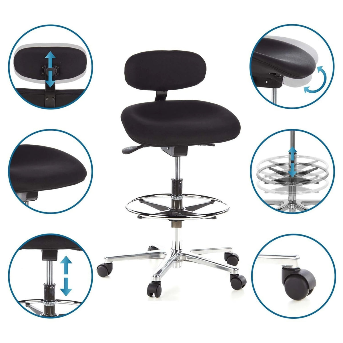 Höjdjusterbar WORK MF bardiskstol i svart med fotring och nackstöd från hjh OFFICE