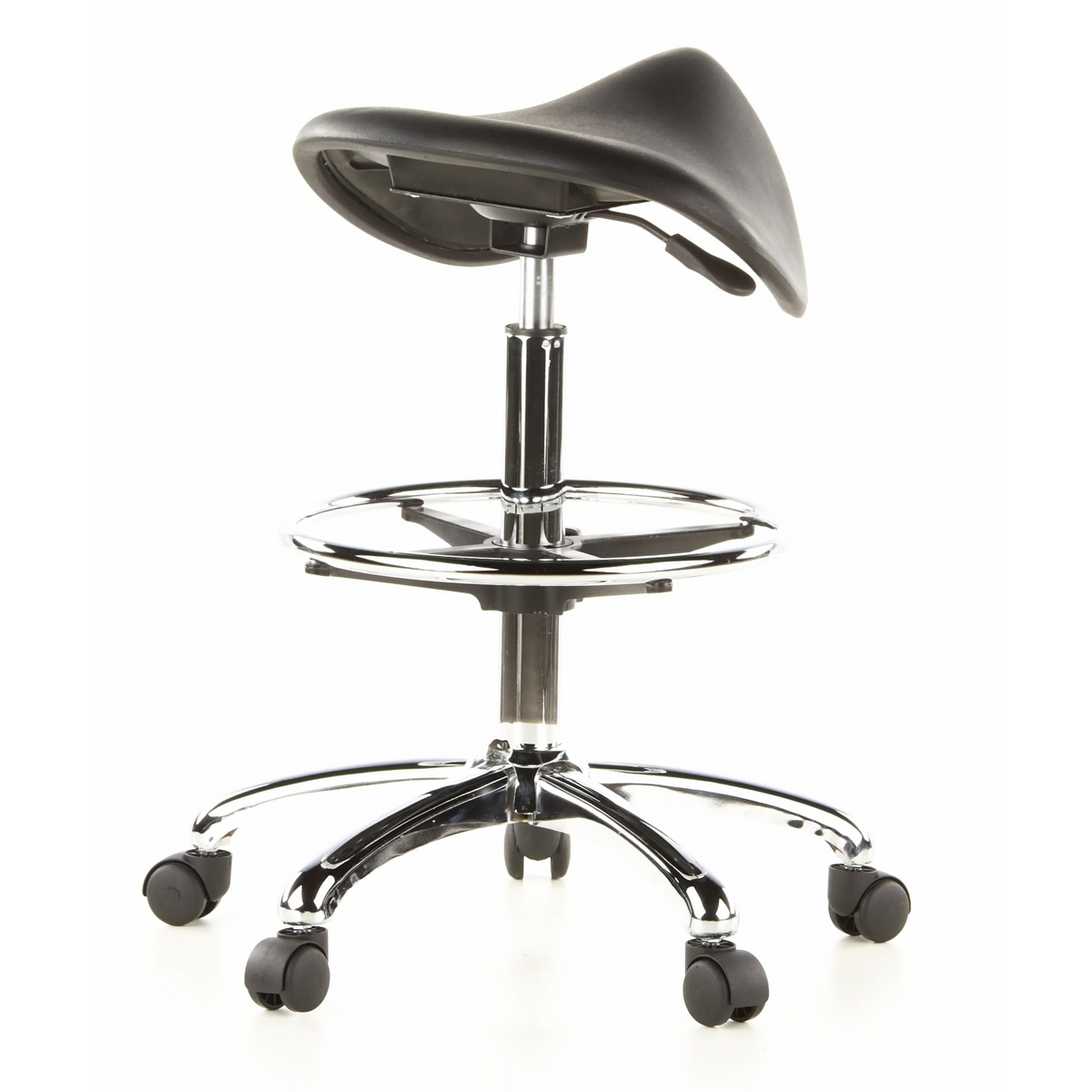 Svart sadelpall TOP WORK 13 med fotring och femstjärnig fotkorsbas med hjul från hjh OFFICE – 360-gradersvy (snett bakifrån 140°)