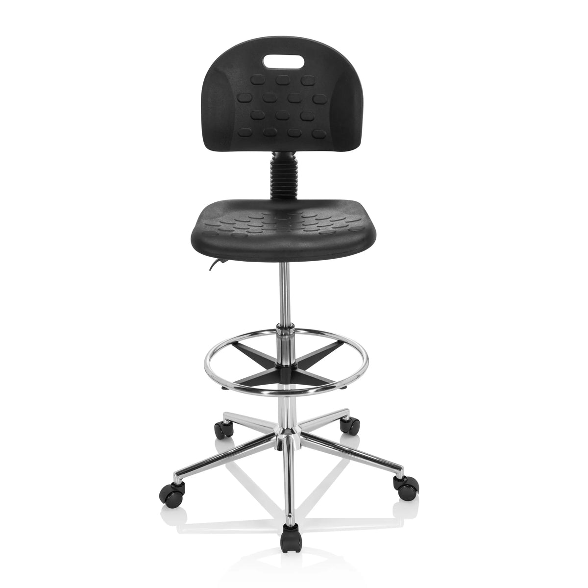 Svart Bardiskstol TOP WORK 23 I med fotring och femhjulig stjärnfot från hjh OFFICE – 360-gradersvy (framifrån 0°)
