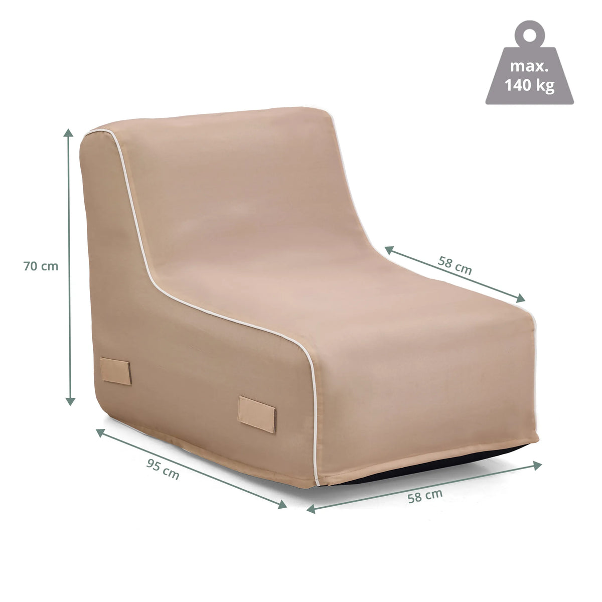 Måttvy av den uppblåsbara soffan Sitzolo Air med 95 × 58 cm och maximal belastning på 140 kg från hjh LIVING