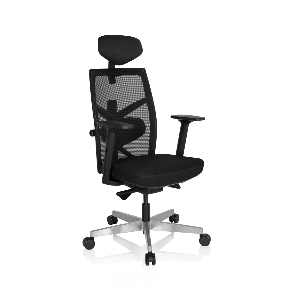 Svart Professionell kontorsstol BELLAC med nätrygg, nackstöd och femhjulig fotkorsbas från hjh OFFICE – 360-gradersvy (snett framifrån 40°)