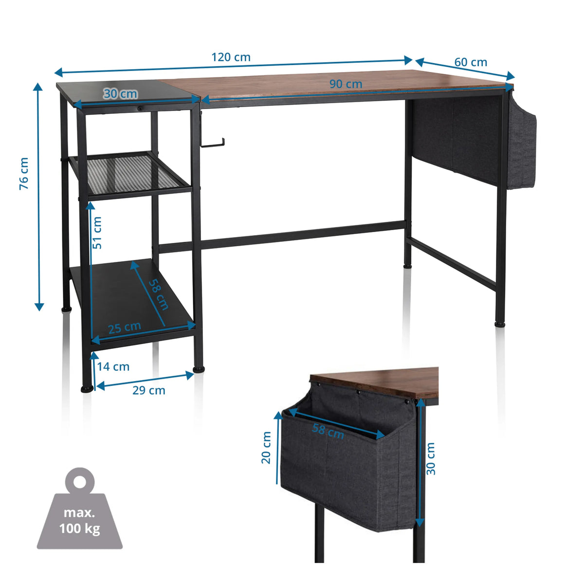 Teknisk ritning av Skrivbord WORKSPACE H I med 120 × 60 cm och en bärförmåga på 100 kg från hjh OFFICE