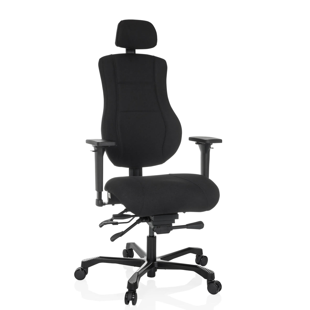 Svart XXL snurrstol 24 HOURS BASIC med nackstöd och femhjulig fotkorsbas från hjh OFFICE – 360-gradersvy (framifrån 15°)