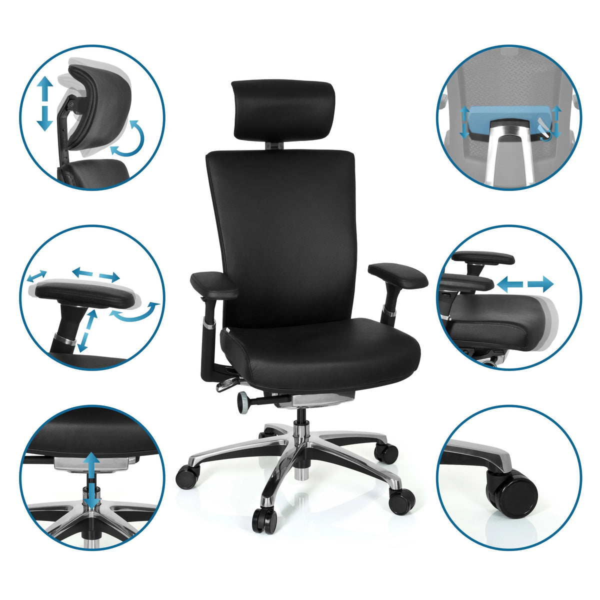 Justerbara funktioner för den svarta läder Professionell kontorsstol NOVA från hjh OFFICE