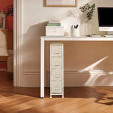 Beige byrå FOLDRESS S med fyra tyglådor under ett vitt skrivbord från hjh LIVING