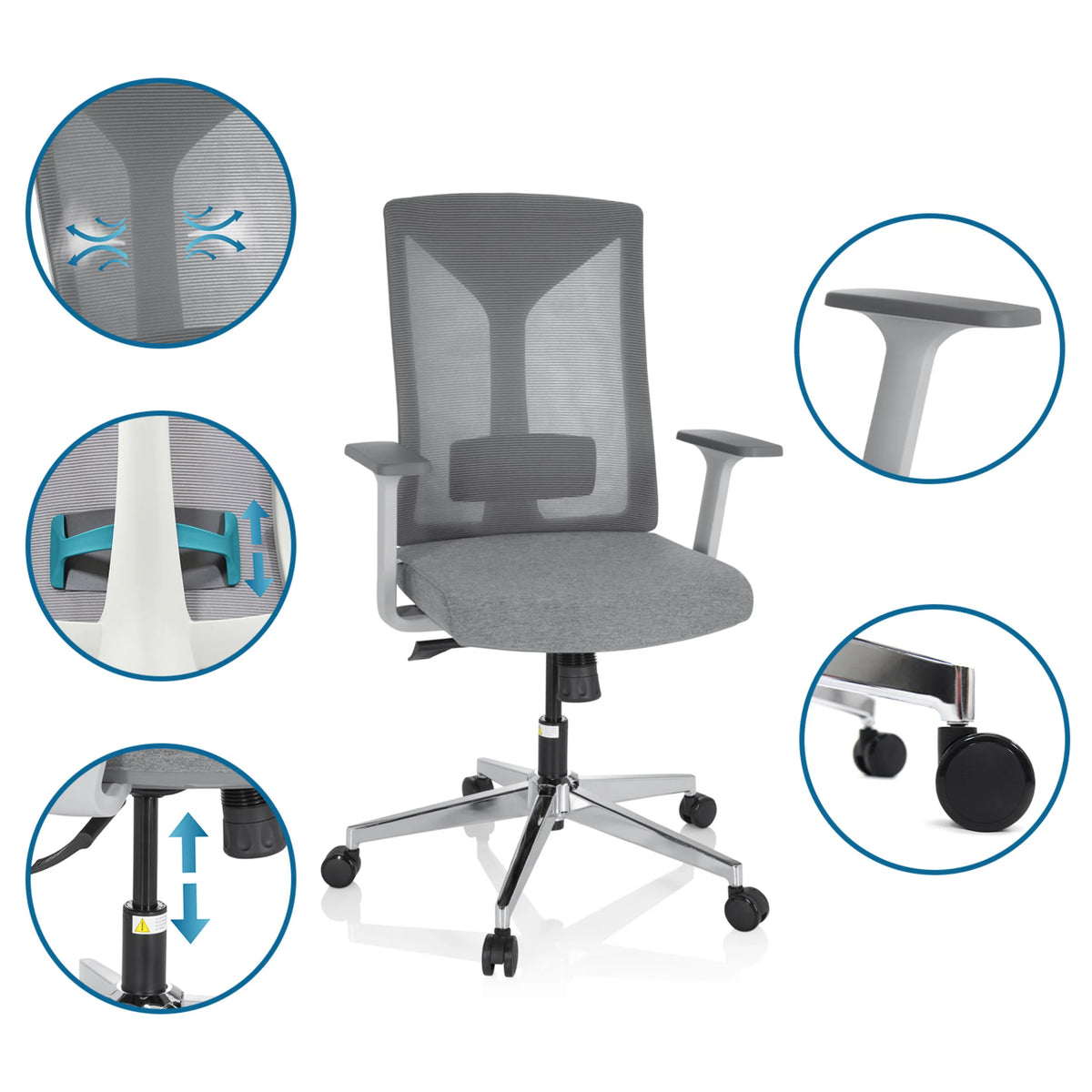 Grå Professionell kontorsstol HALIFAX med detaljvyer av nätrygg, armstöd, gasfjäder och hjul från hjh OFFICE