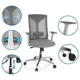 Grå Professionell kontorsstol HALIFAX med detaljvyer av nätrygg, armstöd, gasfjäder och hjul från hjh OFFICE