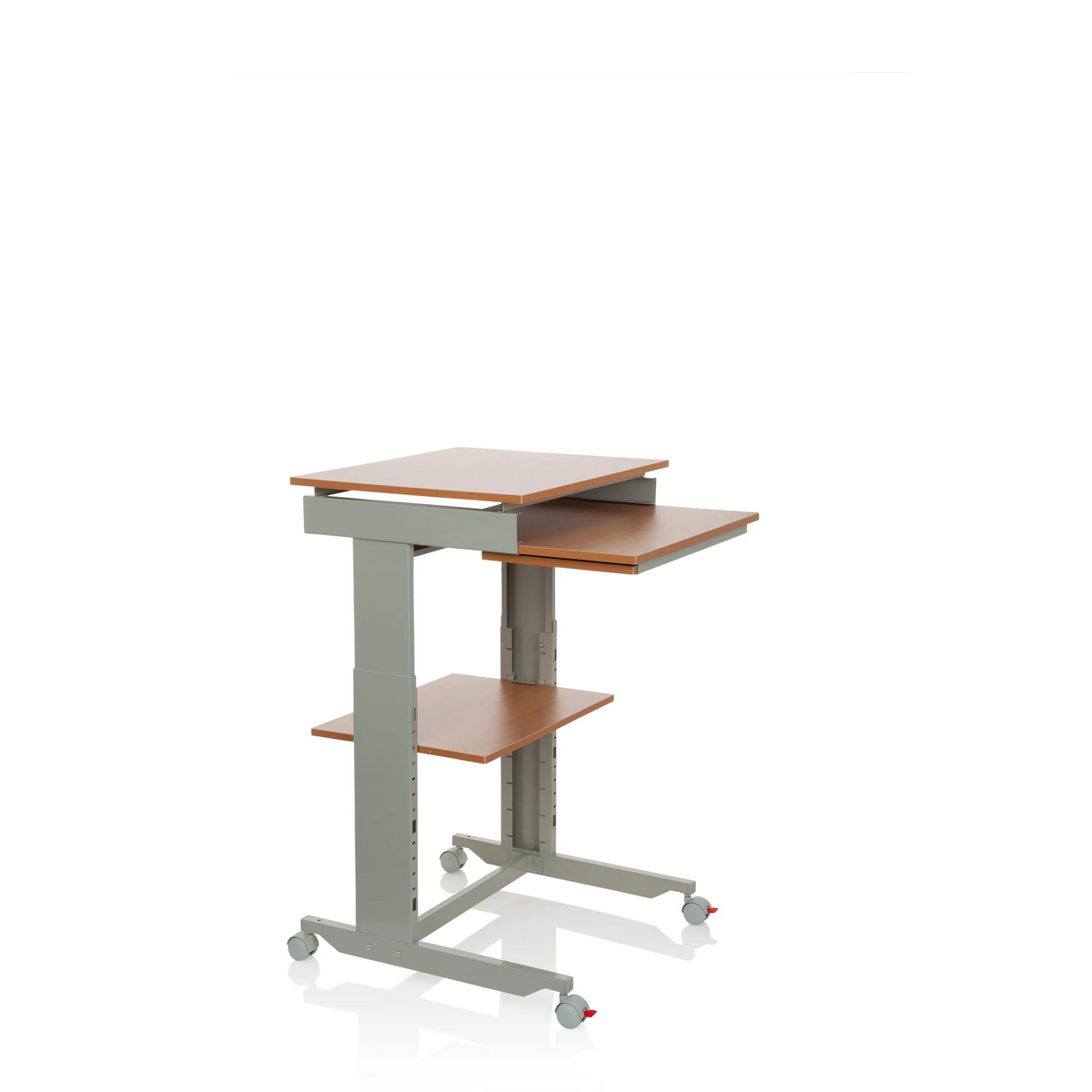 Grått Ståskrivbord WORKSTATION i bok med avlastningsyta och fyra hjul från hjh OFFICE – 360-gradersvy (snett framifrån 60°)