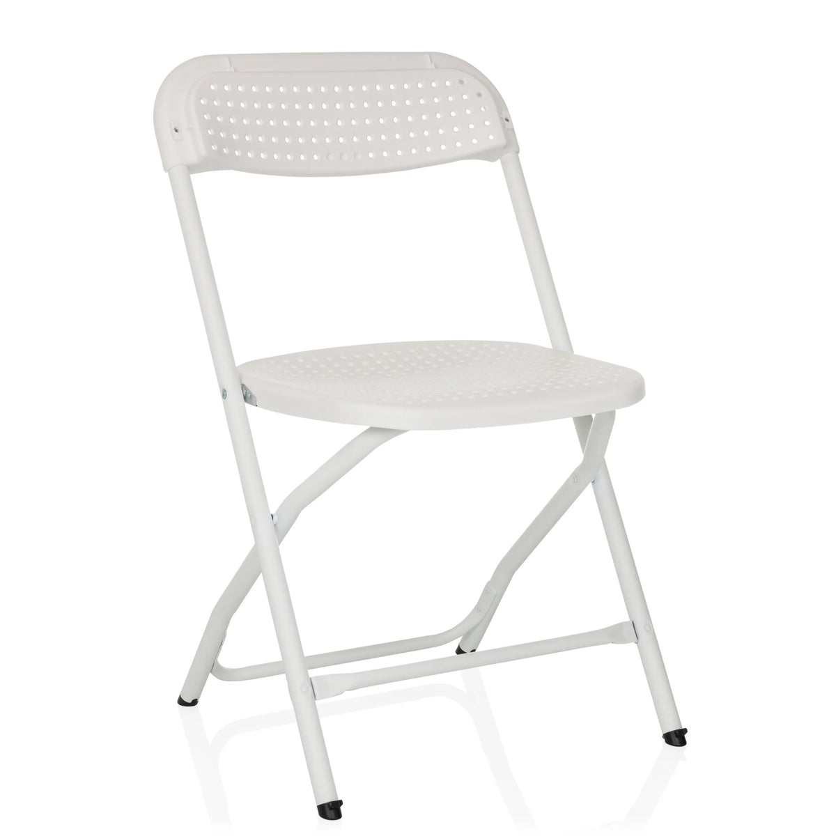 Weißer Outdoor-Stuhl TUDELA XXL PRO W mit perforierter Sitz- und Rückenfläche von hjh OFFICE – 360-Grad-Ansicht (schräge Frontansicht 30°)