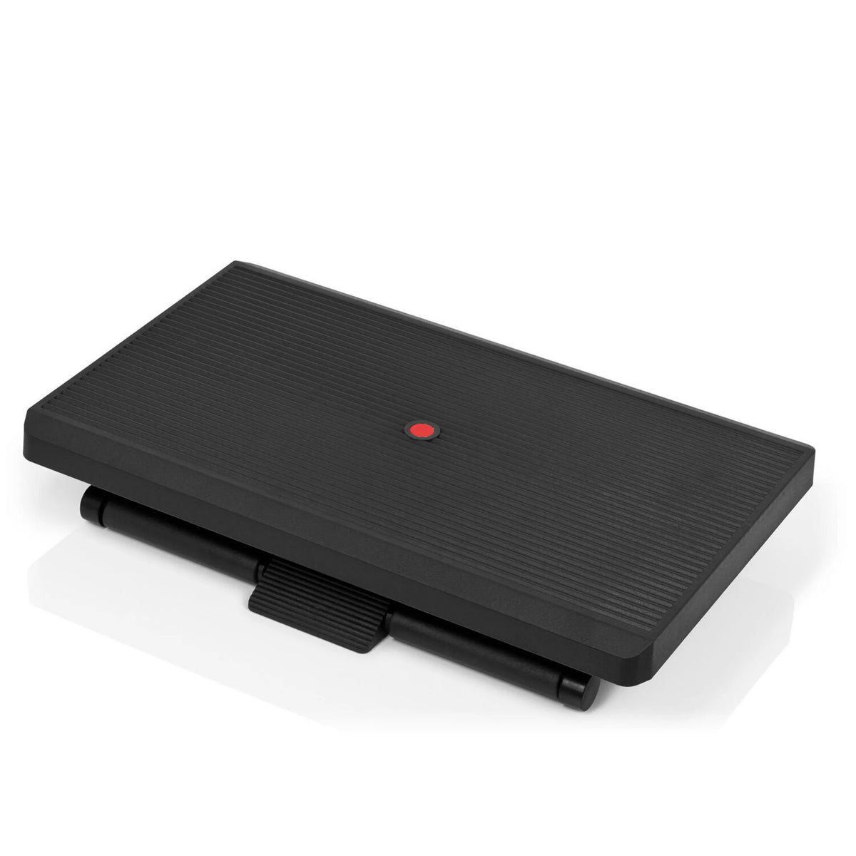 Svart Fotstöd PIEDINO STRIPE PRO med räfflad yta och röd knapp från hjh OFFICE – 360-gradersvy (framifrån 16°)