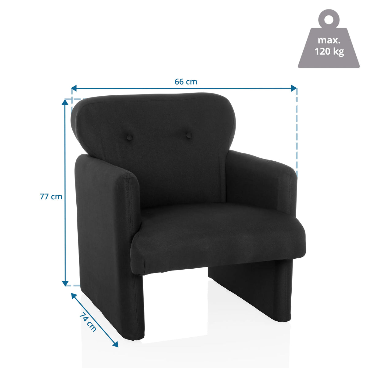 Måttritning av Loungefåtölj CARIPITO med 66 × 77 cm och en maximal belastning på 120 kg från hjh LIVING