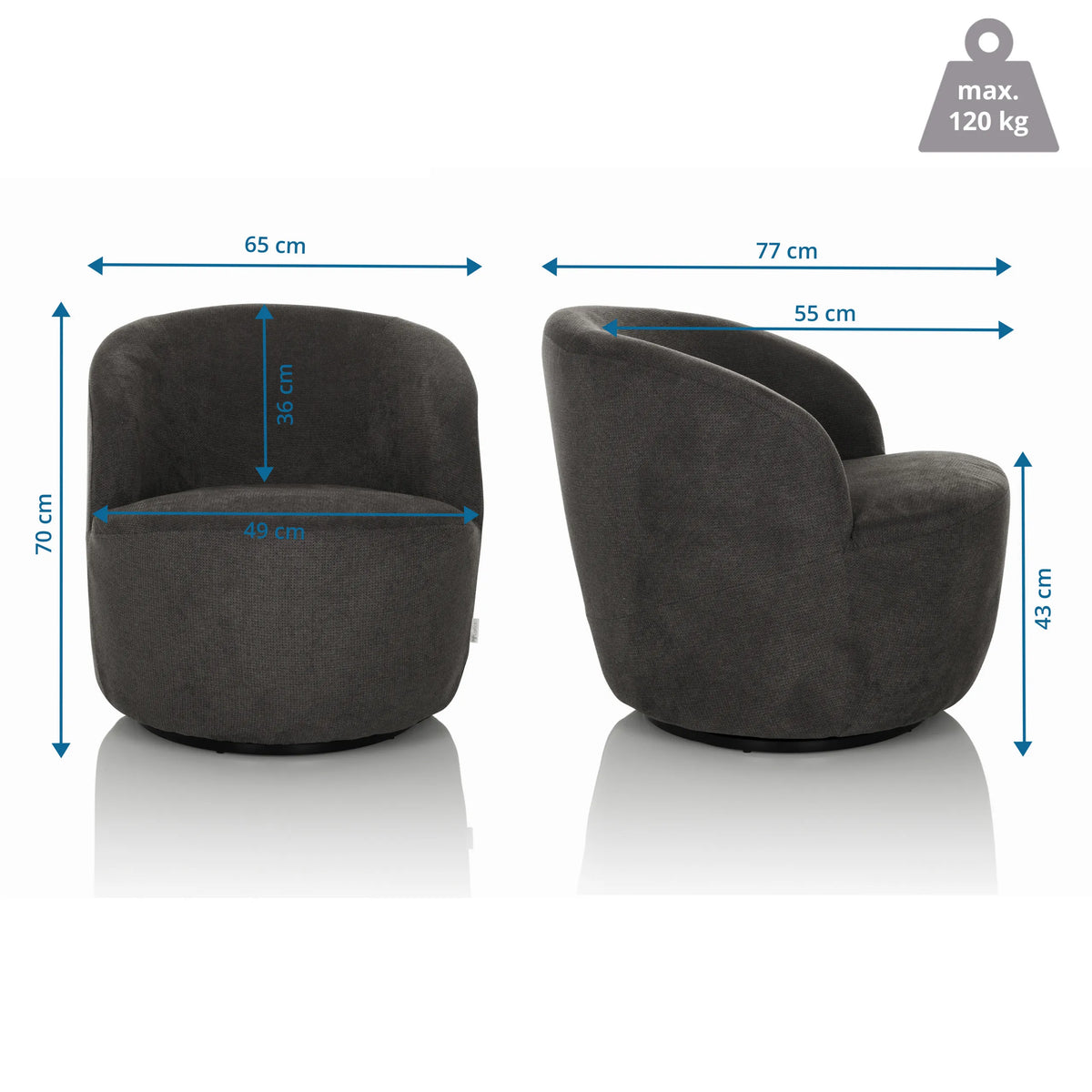 Måttskiss av Loungefåtölj BRAMWICH med en bredd på 65 cm och en höjd på 70 cm från hjh LIVING
