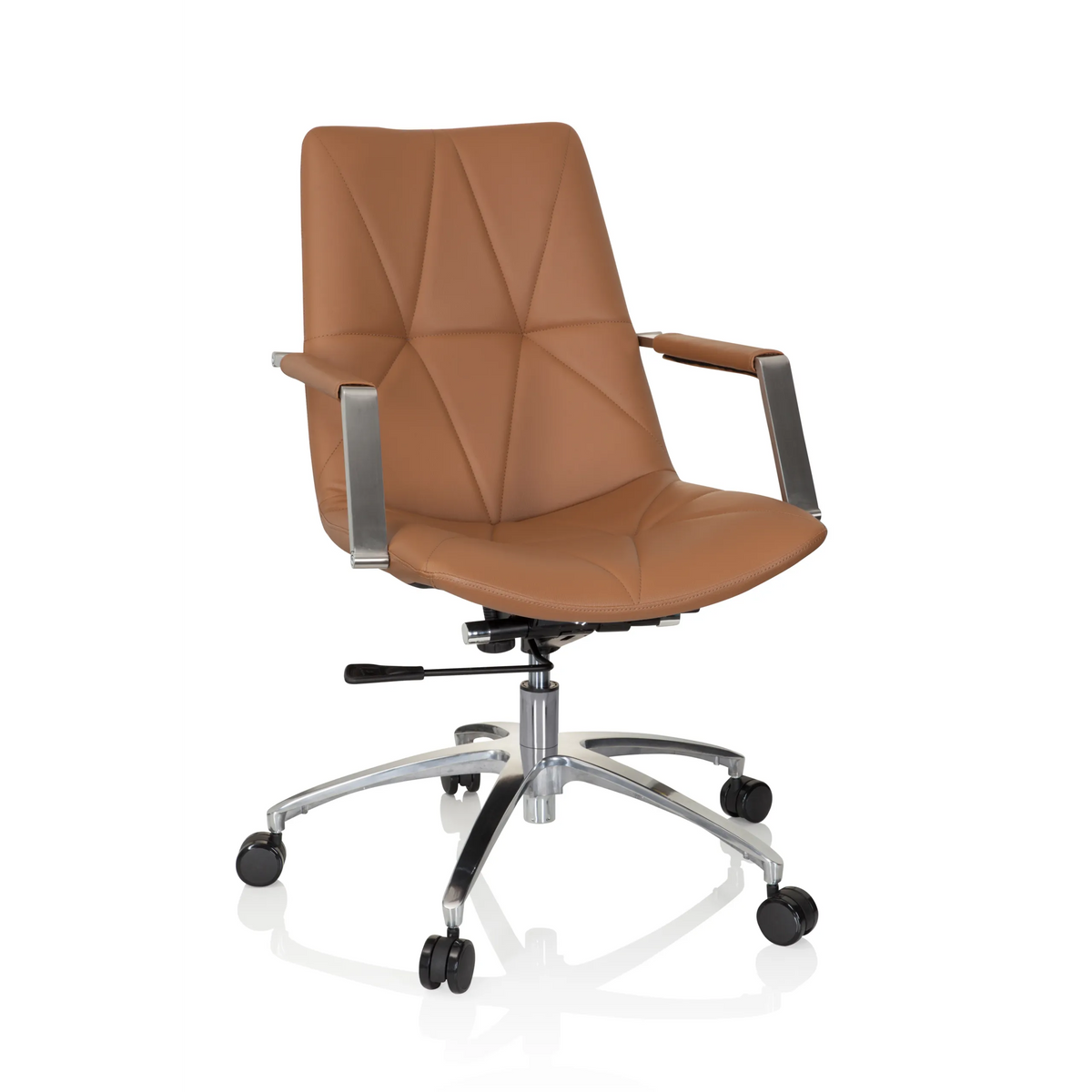 Kamelbrun Home Office kontorsstol SARANTO II med quiltning och femhjulig stjärnfot från hjh OFFICE – 360-gradersvy (framifrån 20°)