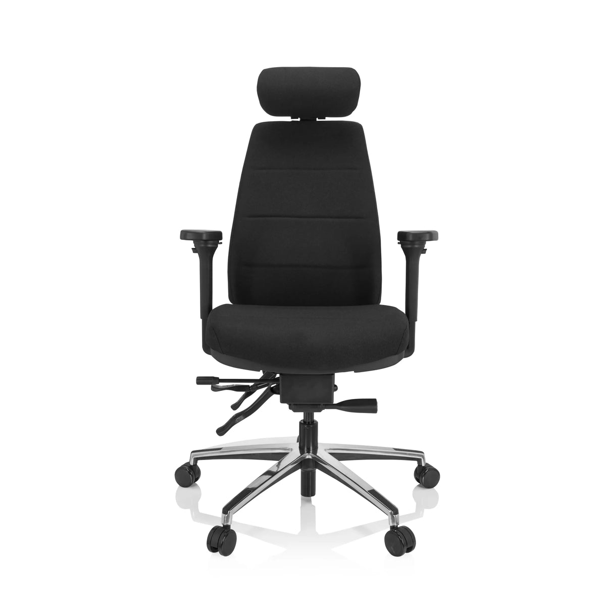 Svart Professionell kontorsstol PHOENIX PRO I med nackstöd och femhjulig fotkorsbas från hjh OFFICE – 360-gradersvy (framifrån 0°)