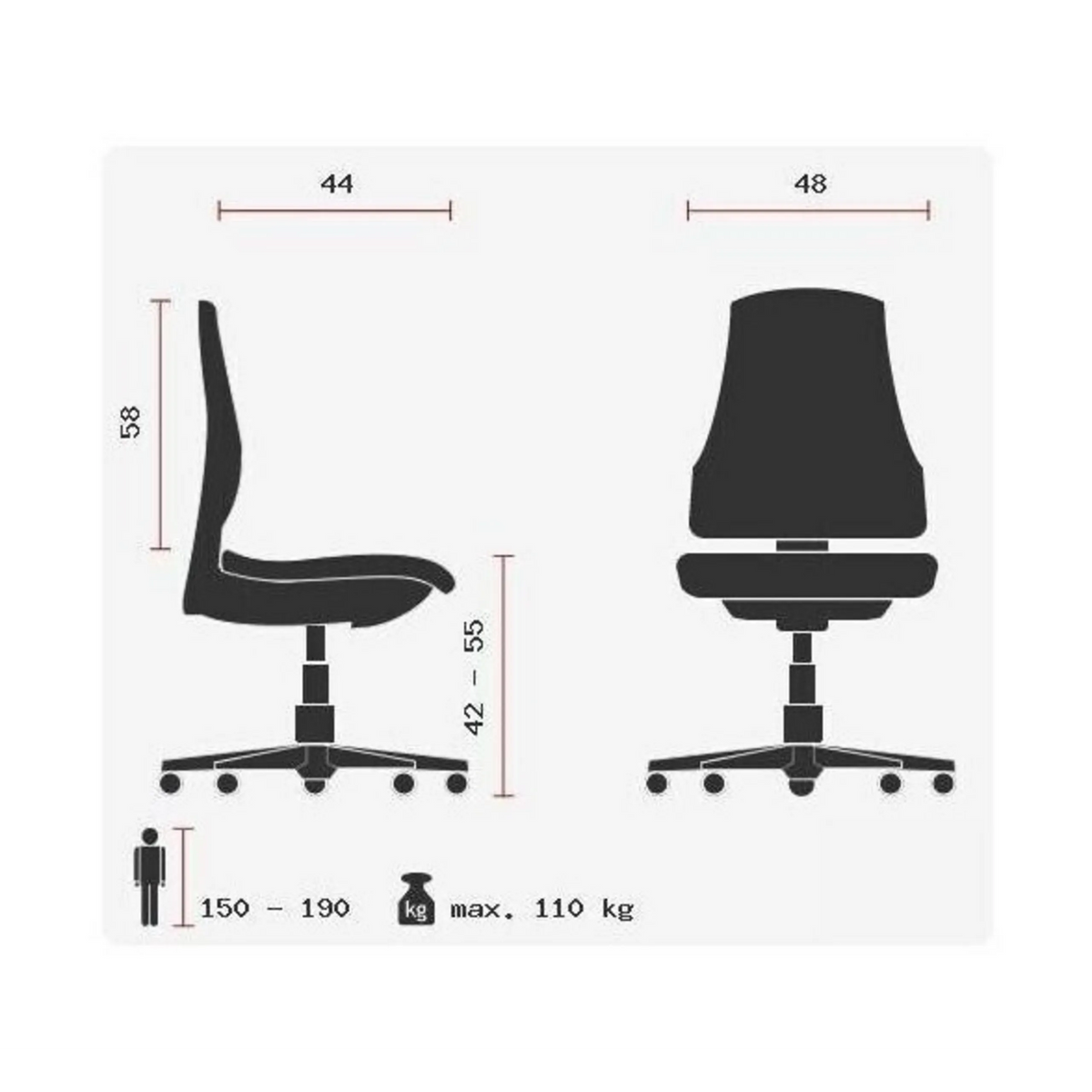 Technische Zeichnung des Profi-Bürostuhls BALANCE 400 mit einer maximalen Belastung von 110 kg von Topstar