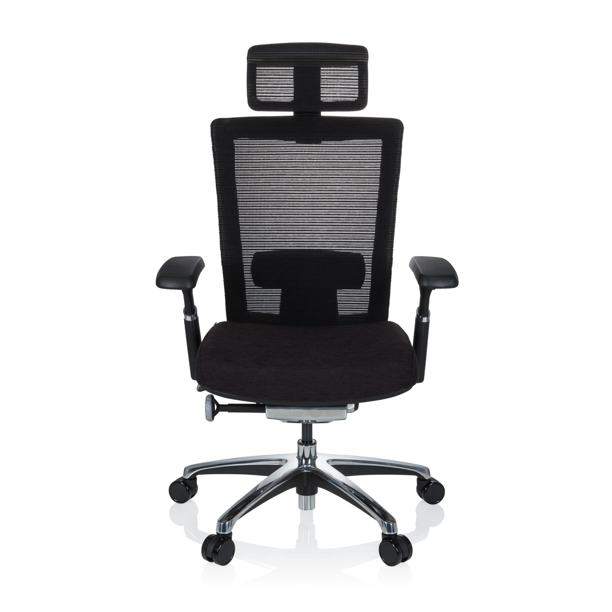 Schwarzer High-End-Bürostuhl NOVA PRO I mit Netzrücken und Fußkreuz mit fünf Rollen von hjh OFFICE – 360-Grad-Ansicht (Frontansicht 0°)