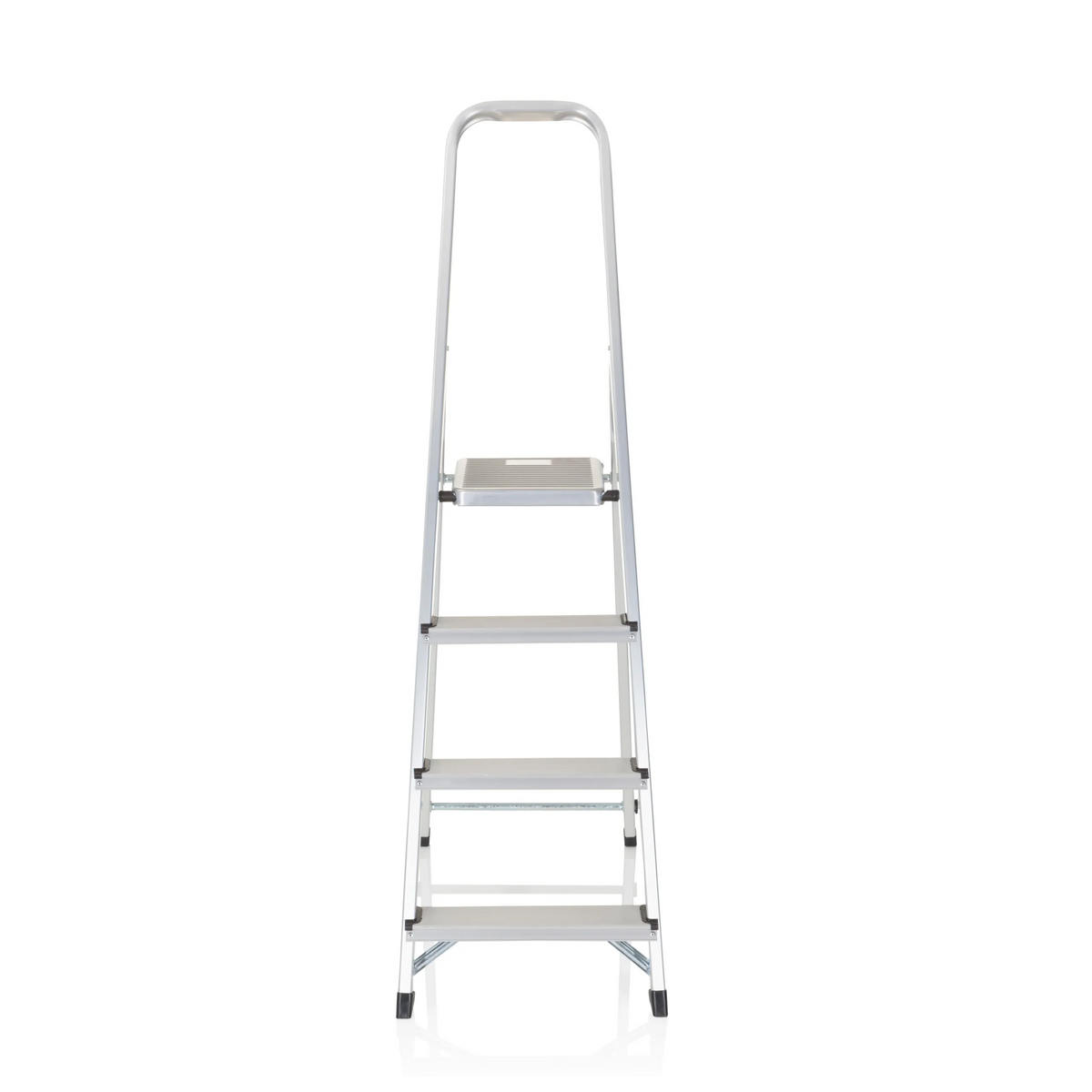 Silverfärgad Fällbar stege SOLID II i aluminium med fyra steg och handtag från hjh OFFICE – 360-gradersvy (framifrån 0°)