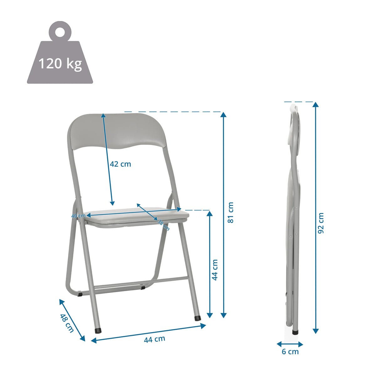 Måttskiss av den hopfällbara stolen TUDELA BASIC med en total höjd på 92 cm och en belastningskapacitet på 120 kg från hjh OFFICE