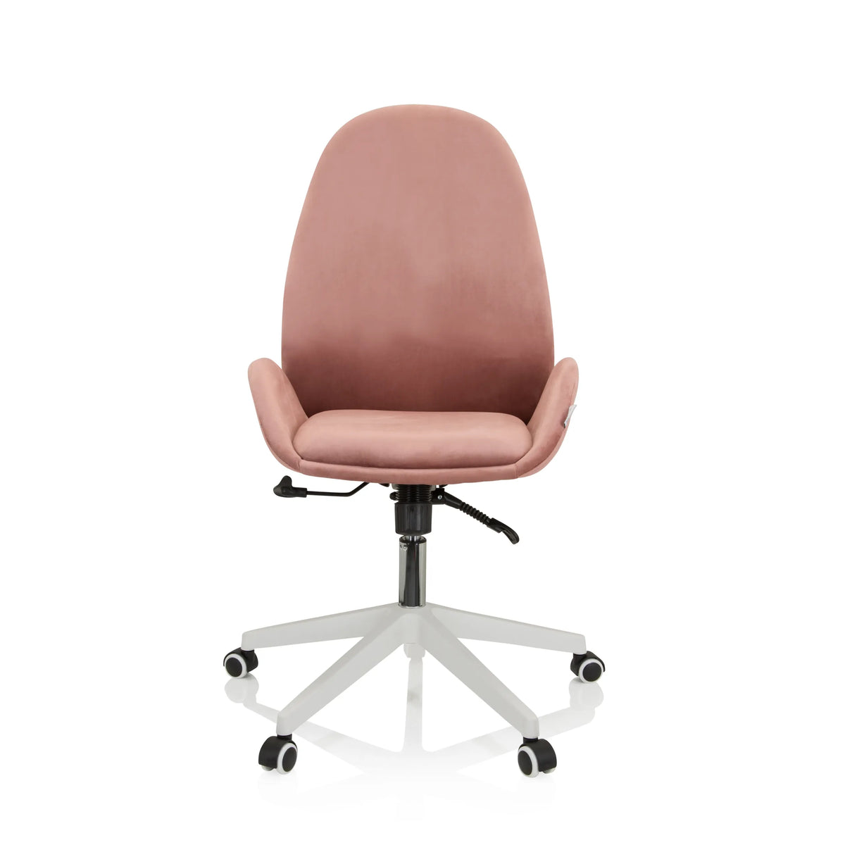 Rosa Home Office kontorsstol AVEA med armstöd och vitt femstjärnigt underrede med hjul från hjh OFFICE – 360-gradersvy (framifrån 0°)