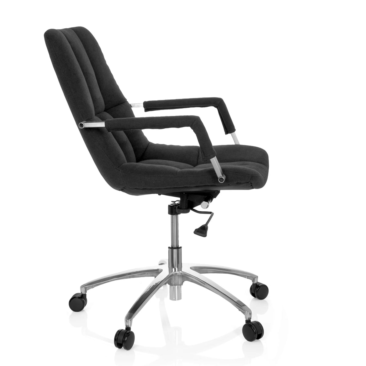 Svart Home Office kontorsstol SARANTO med tygbeklädnad och femhjulig fotkorsbas från hjh OFFICE – 360-gradersvy (sidoprofil 80°)
