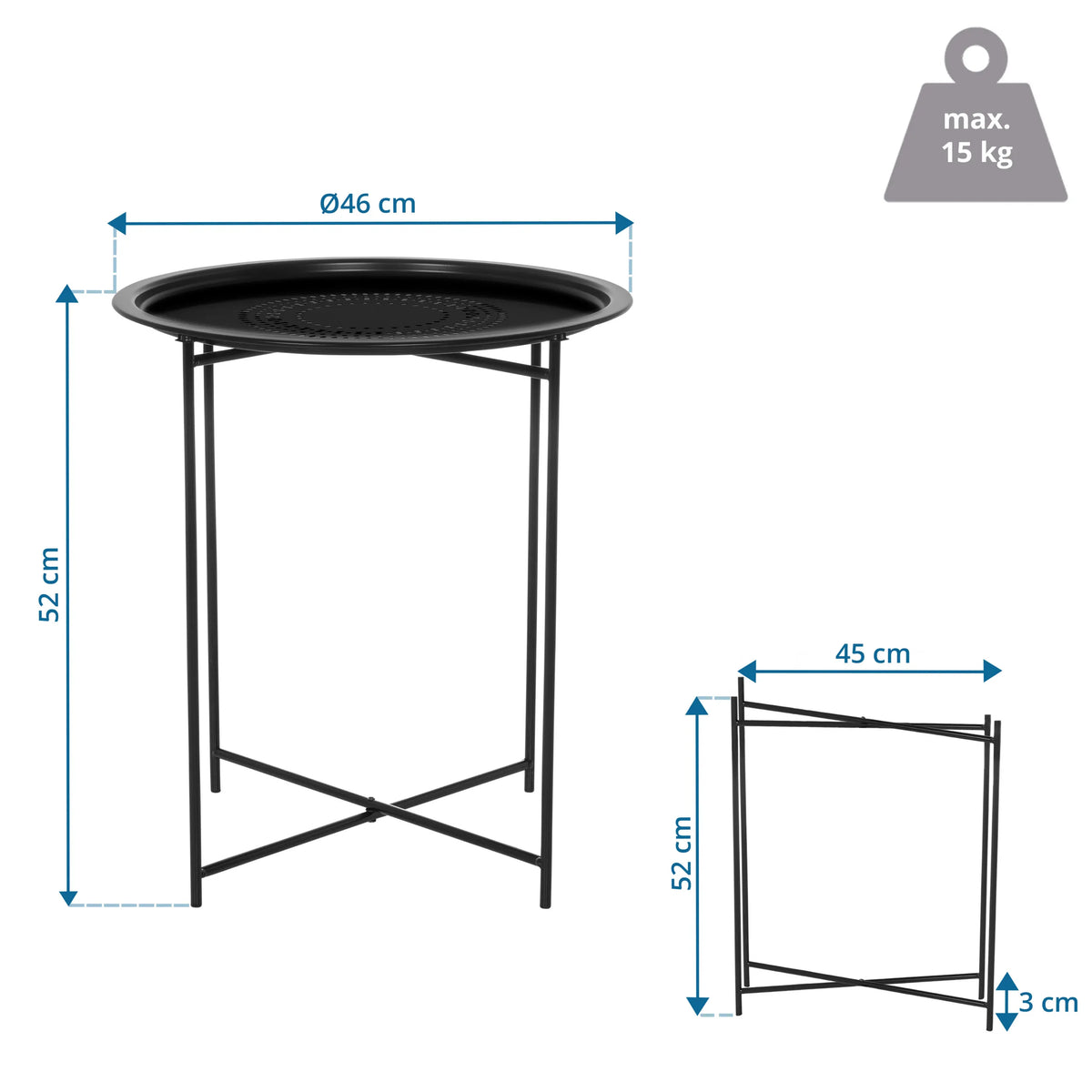 Teknisk ritning av Sidobord ALLRUND med 46 cm i diameter och 52 cm i höjd från hjh LIVING