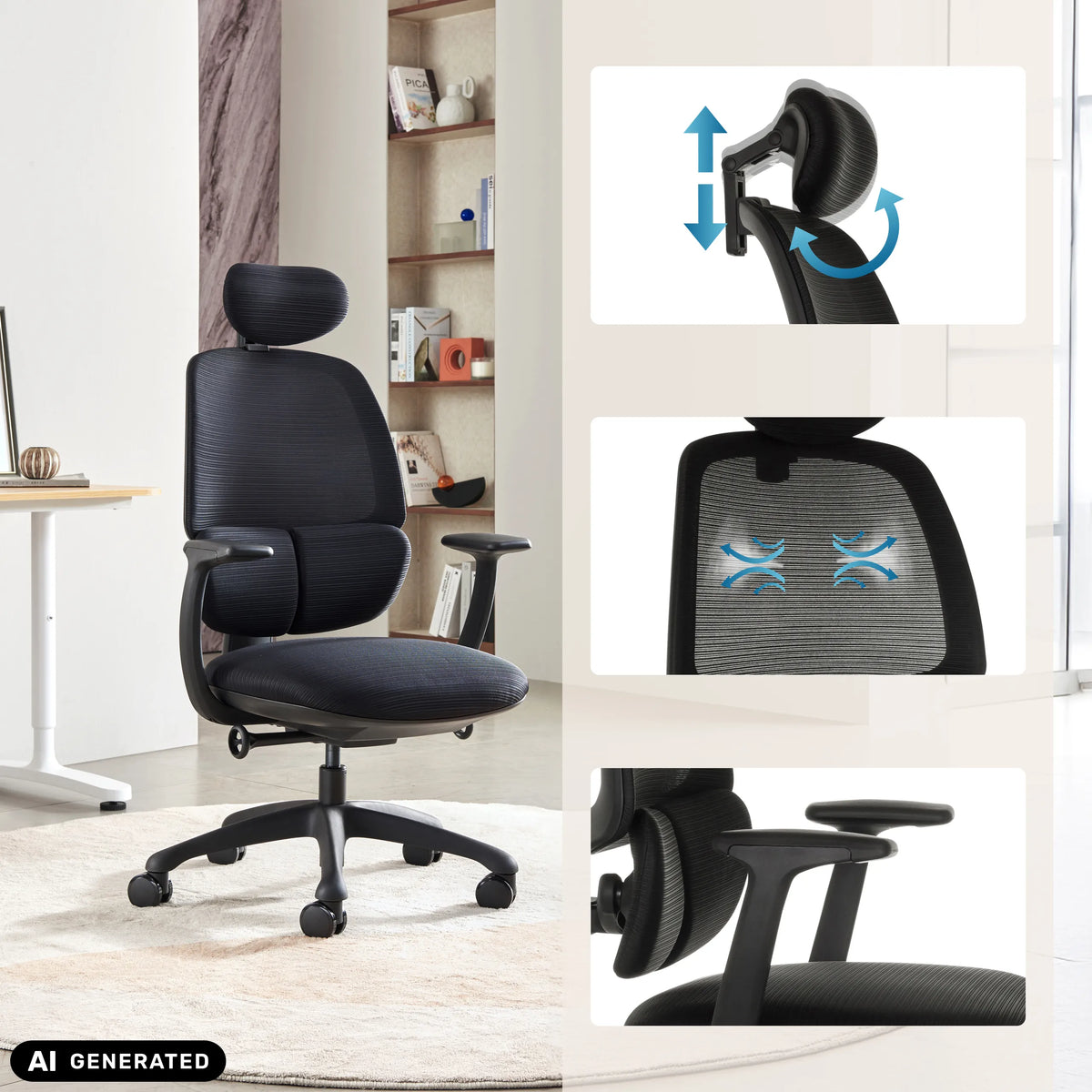 Professionell kontorsstol RI-COVER i svart med justerbart nackstöd och armstöd från hjh OFFICE (AI-genererad bild)