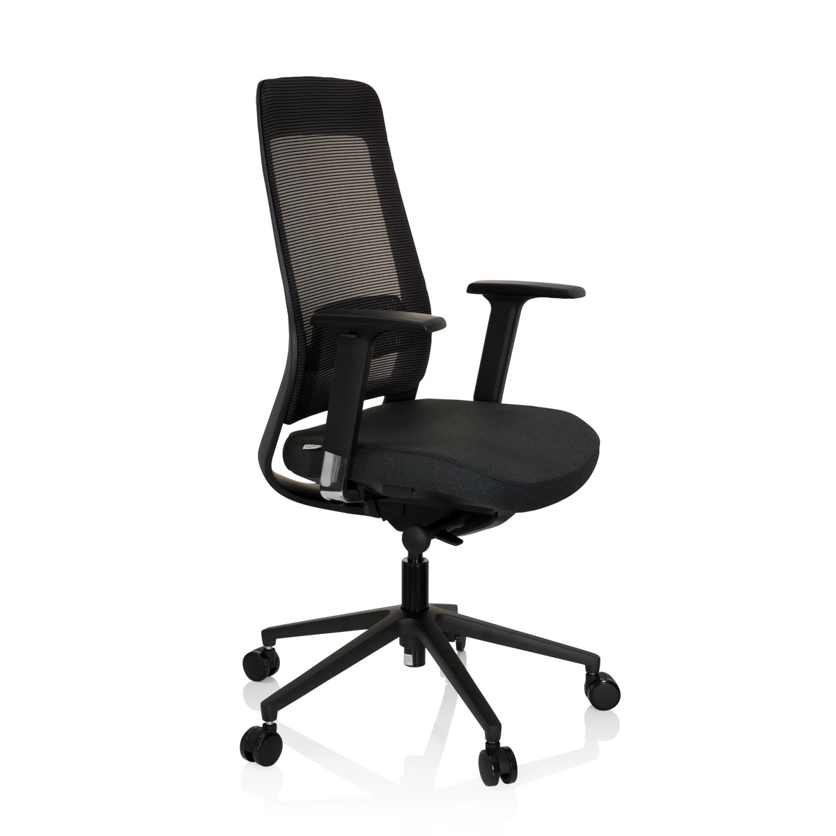 Svart Professionell kontorsstol CHIARO T1 BLACK med nätrygg och femstjärnigt fotkors med hjul från hjh OFFICE – 360-gradersvy (snett framifrån 60°)