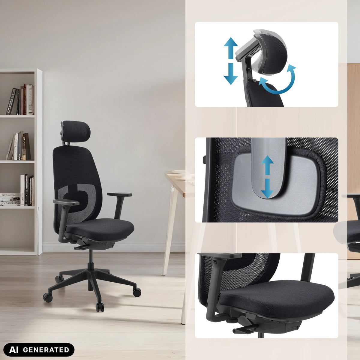 Justerbart nackstöd och svankstöd på den professionella kontorsstolen Skandis Pro från hjh OFFICE (AI-genererad bild)